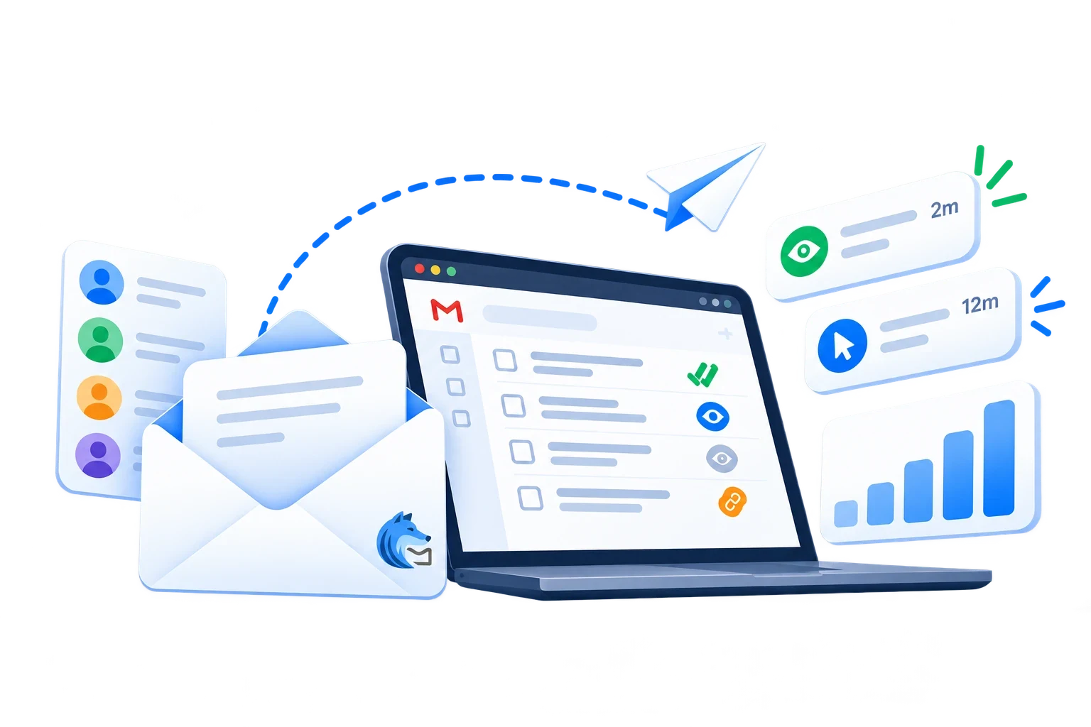 Gmail en un portátil con el doble check de LoboTrack en cada correo, y las señales de apertura y clic alrededor