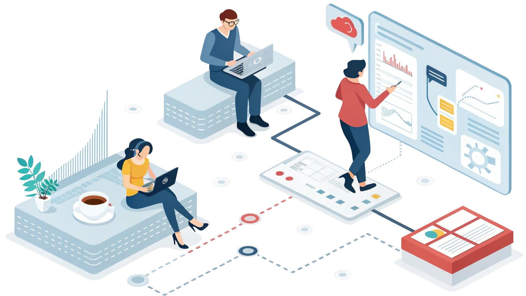 Ilustración de un equipo revisando los resultados de sus envíos